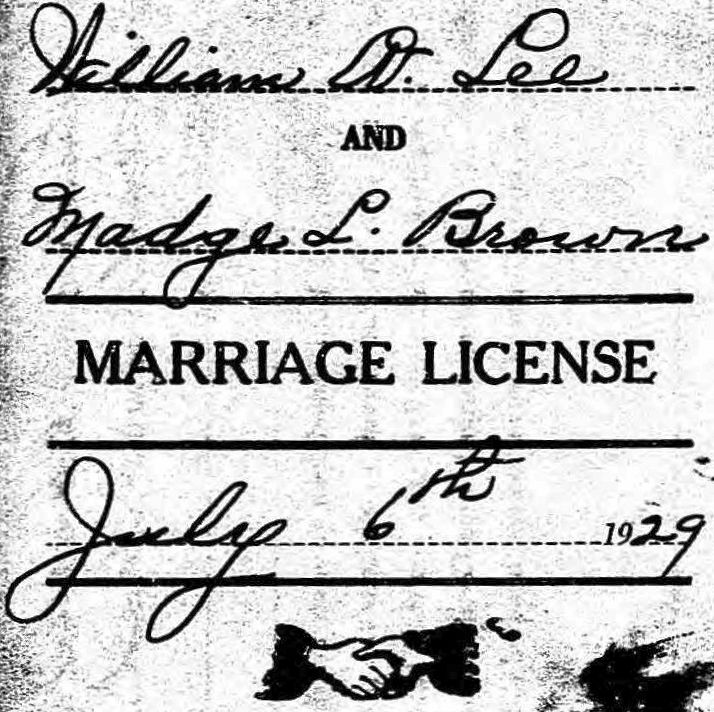 Lee, William W - Marriage License to Madge L Brown - July 6, 1929