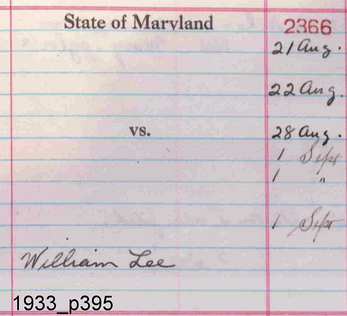 August 18, 1933 - William Lee - Found Guilty of Burglary - Received Six Months in Jail - Criminal Court Docket and Papers - Maryland State Archives C1849