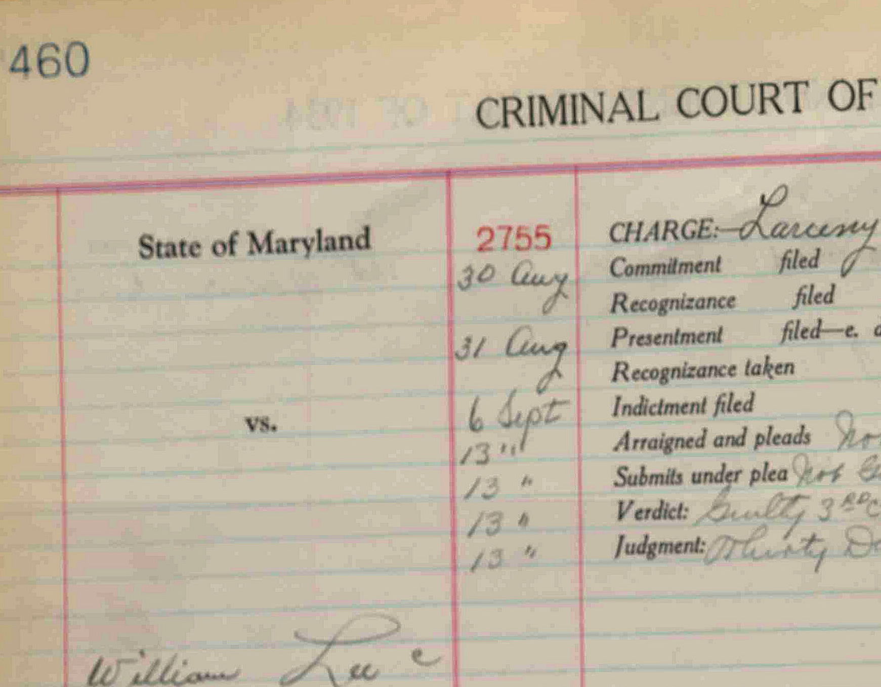 August 27, 1934 - William Lee - Found Guilty of Larceny (Auto) - Received One Month in Jail - Criminal Court Docket and Papers - Maryland State Archives C1849