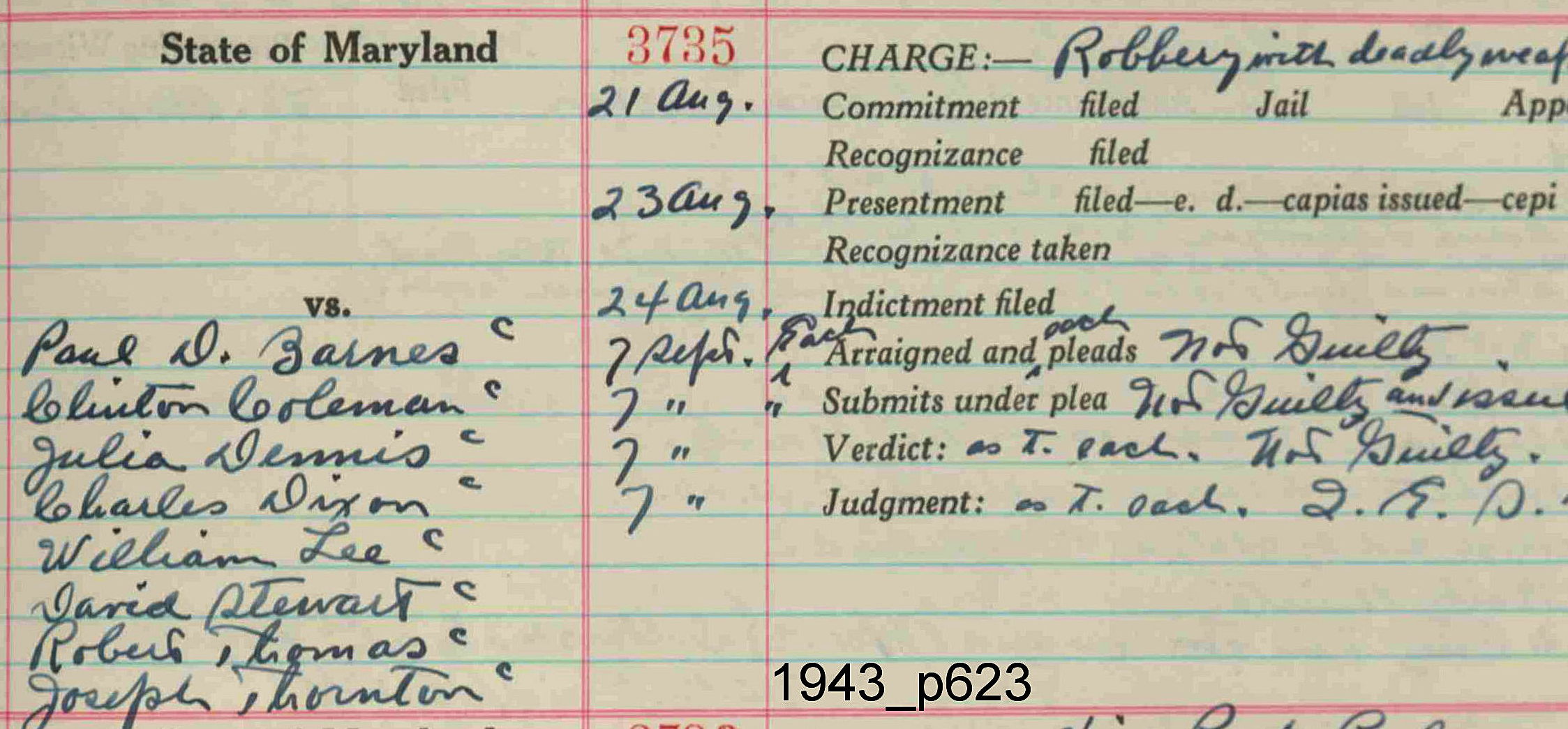 August 23, 1943 - William Lee - Found Not Guilty of Robbery - Criminal Court Docket - Maryland State Archives C1849